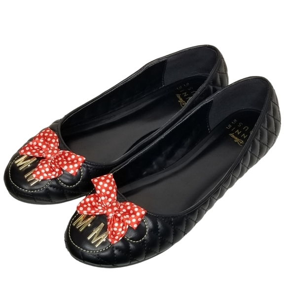 Disney Minnie Mouse Quilted Flats Adult Large Womens 9/10 Ballet Black Red Bow - Picture 1 of 14